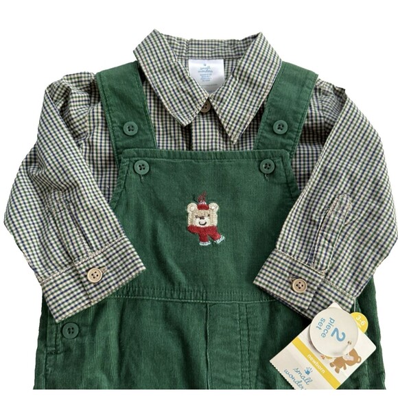 Y2K Baby Boy Christmas Corduroy Overall 2 pc Teddy Bear Small Wonders 3-6M NWT - Picture 2 of 5